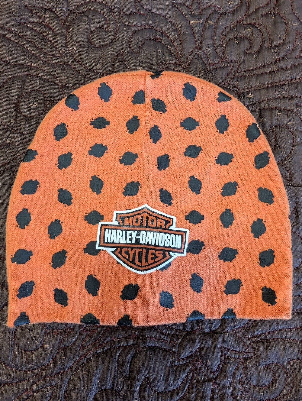 Harley-Davidson Infant Orange Beanie with Black Spot Pattern Size 0-6 Months